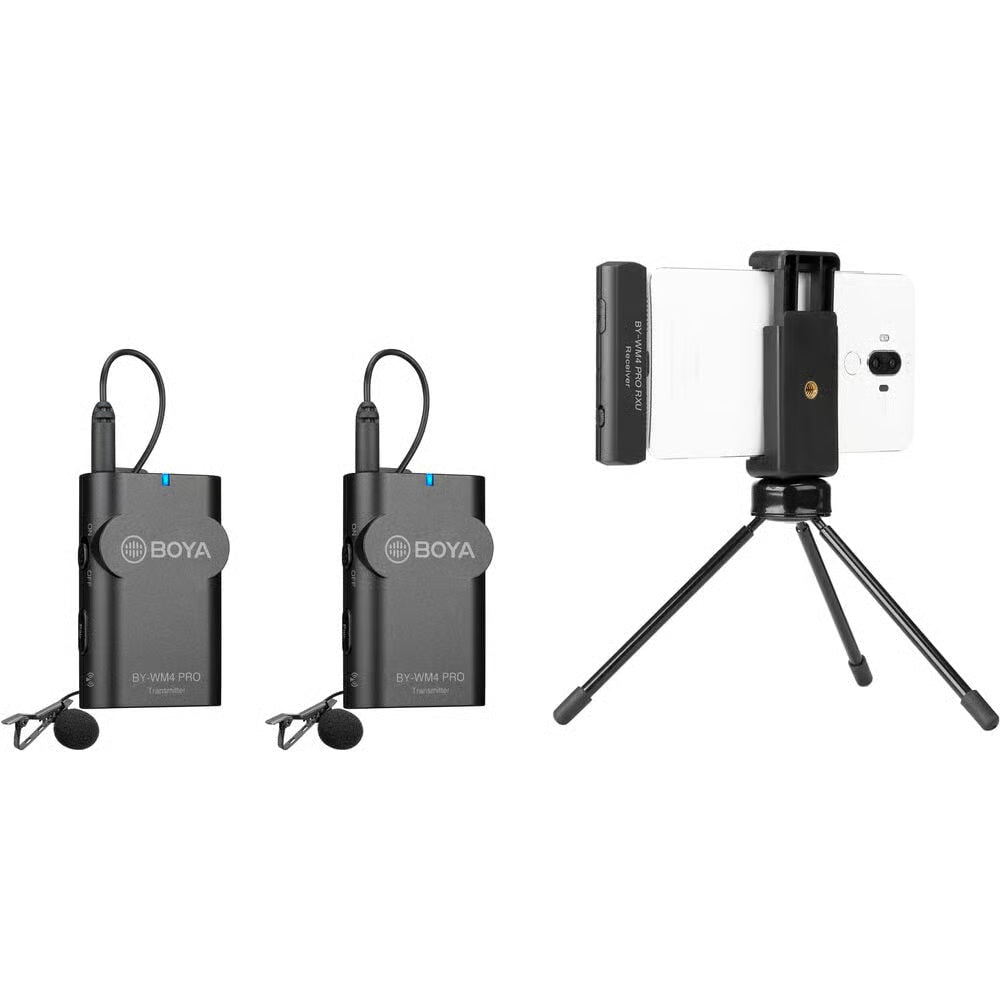 BOYA wireless microphone system with receiver, transmitter, and smartphone holder on a white background