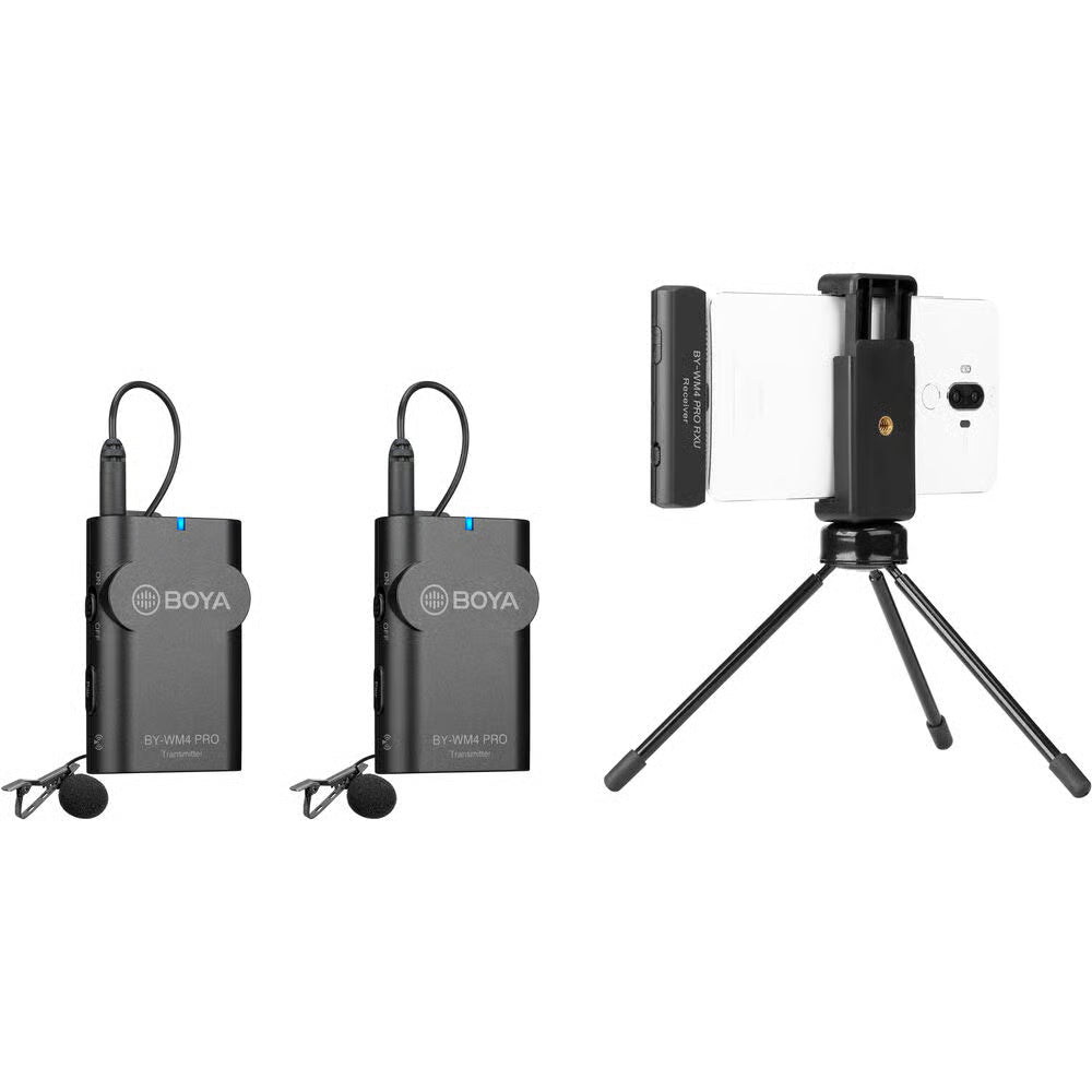 BOYA wireless microphone system with two transmitter units, a receiver, and a tripod on a white background.