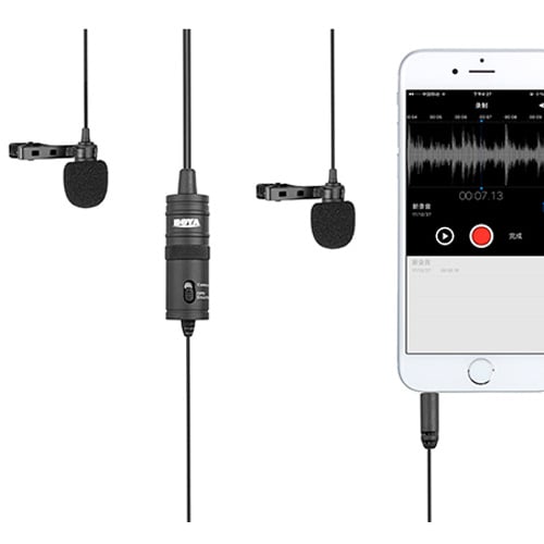 A Dual Lavalier Universal Microphone that can be used with smartphones, DSLR cameras, camcorders, audio recorders, PC and other recording devices.