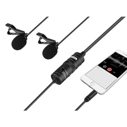 Lavalier microphone with clip and smartphone showing audio recording app on a white background