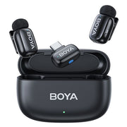 Boya Mini-14 Ultra-Mini Wireless Microphone System (USB-C), featuring 2 compact 5g transmitters, 1 USB-C receiver, 3-level noise cancellation, 3 voice changer modes, 48 kHz/16-bit audio, up to 100m wireless range, and 6-hour battery life with charging case.