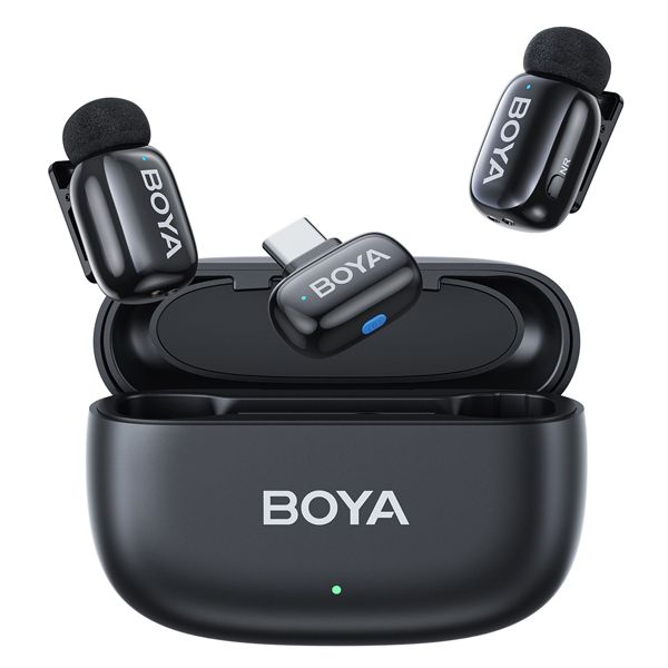 Boya Mini-14 Ultra-Mini Wireless Microphone System (USB-C), featuring 2 compact 5g transmitters, 1 USB-C receiver, 3-level noise cancellation, 3 voice changer modes, 48 kHz/16-bit audio, up to 100m wireless range, and 6-hour battery life with charging case.