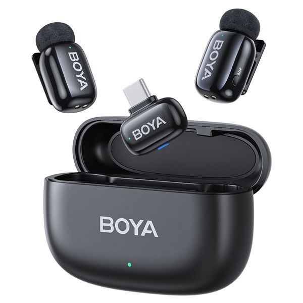 Boya Mini-14 Ultra-Mini Wireless Microphone System (USB-C), featuring 2 compact 5g transmitters, 1 USB-C receiver, 3-level noise cancellation, 3 voice changer modes, 48 kHz/16-bit audio, up to 100m wireless range, and 6-hour battery life with charging case.