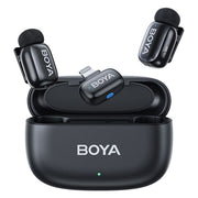 Boya Mini-15 Ultra-Mini Wireless Microphone System (iOS Lightning) with 2 ultra-compact 5g transmitters, 1 Lightning receiver, 3-level noise cancellation, 3 voice changer modes, 48kHz/16-bit audio, up to 100m range, 6-hour battery life (30 hours with charging case).