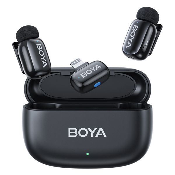 Boya Mini-15 Ultra-Mini Wireless Microphone System (iOS Lightning) with 2 ultra-compact 5g transmitters, 1 Lightning receiver, 3-level noise cancellation, 3 voice changer modes, 48kHz/16-bit audio, up to 100m range, 6-hour battery life (30 hours with charging case).