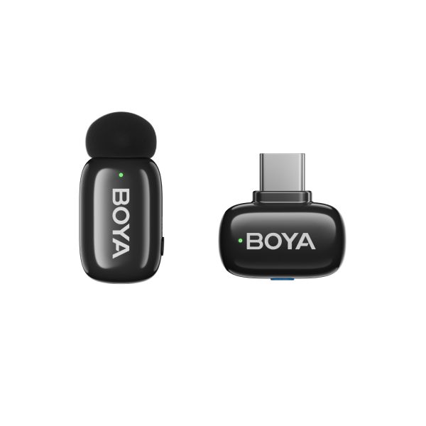 Boya Mini-17 Ultra-Mini Wireless Microphone System (USB-C), 5g transmitter with built-in mic, 3-level noise cancellation, 3 voice changer modes, 48kHz/16-bit audio, up to 100m wireless range, 6-hour battery life with magnetic charging cable included.