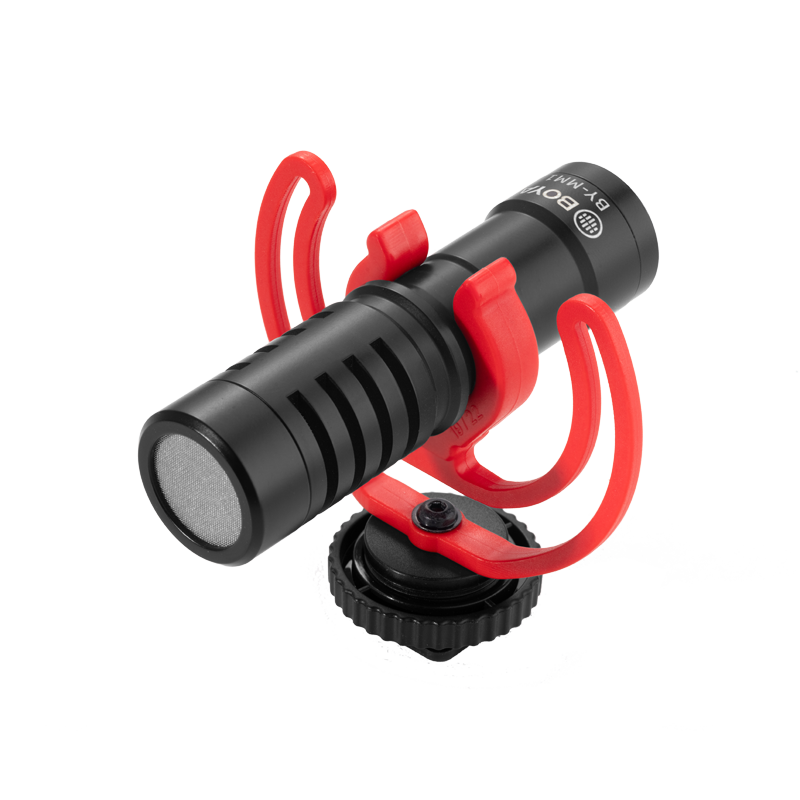 Boya Mini BY-MM1 microphone with shock absorbing bracket that goes onto a hotshoe.