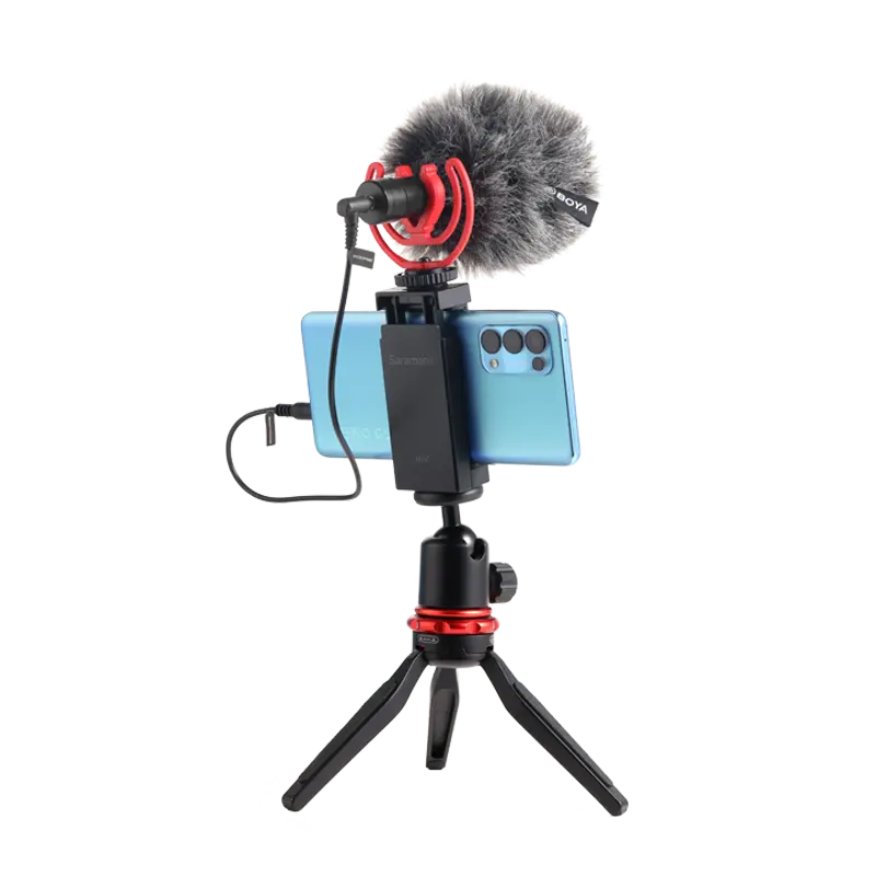 Boya microphone used with a phone as an example.
