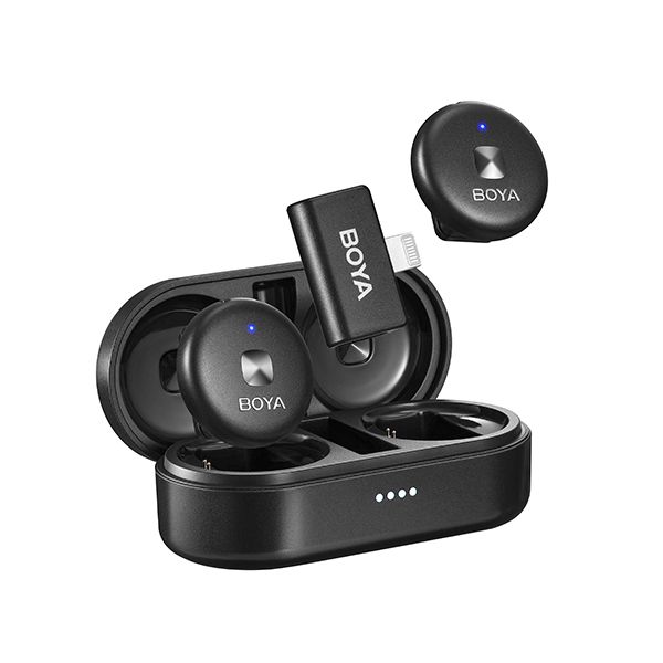 Boya Omic-D Ultra-compact Wireless Mic (Lightning) with 2.4GHz wireless, iOS Lightning receiver, 5+ hours battery life (15 hours with charging case), noise cancellation, 50m range, and USB-C charging case with wireless charging.