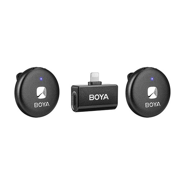 Boya Omic-D Ultra-compact Wireless Mic (Lightning) with 2.4GHz wireless, iOS Lightning receiver, 5+ hours battery life (15 hours with charging case), noise cancellation, 50m range, and USB-C charging case with wireless charging.