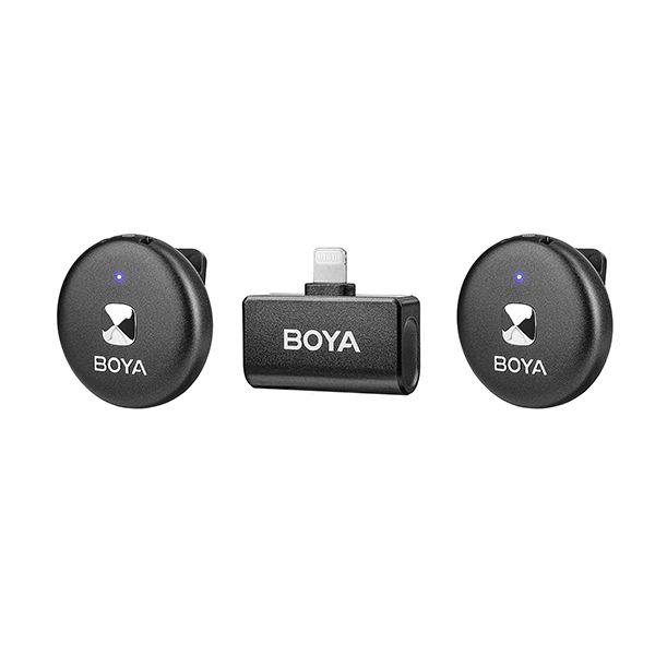 Boya Omic-D Ultra-compact Wireless Mic (Lightning) with 2.4GHz wireless, iOS Lightning receiver, 5+ hours battery life (15 hours with charging case), noise cancellation, 50m range, and USB-C charging case with wireless charging.