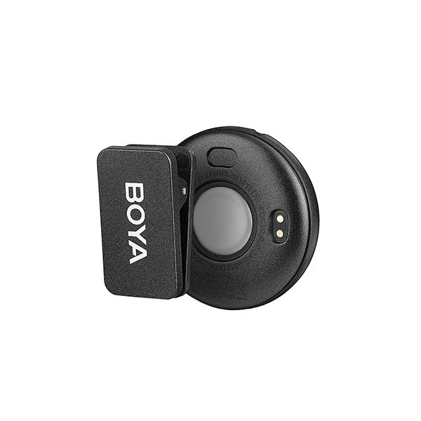 Boya Omic-D Ultra-compact Wireless Mic (Lightning) with 2.4GHz wireless, iOS Lightning receiver, 5+ hours battery life (15 hours with charging case), noise cancellation, 50m range, and USB-C charging case with wireless charging.