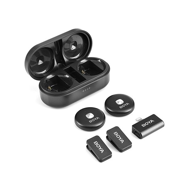 Boya Omic-D Ultra-compact Wireless Mic (Lightning) with 2.4GHz wireless, iOS Lightning receiver, 5+ hours battery life (15 hours with charging case), noise cancellation, 50m range, and USB-C charging case with wireless charging.