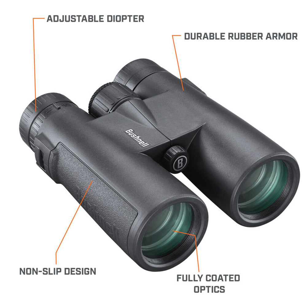 Bushnell 10x42 black binoculars with multi-coated lenses, and centre focus wheel.