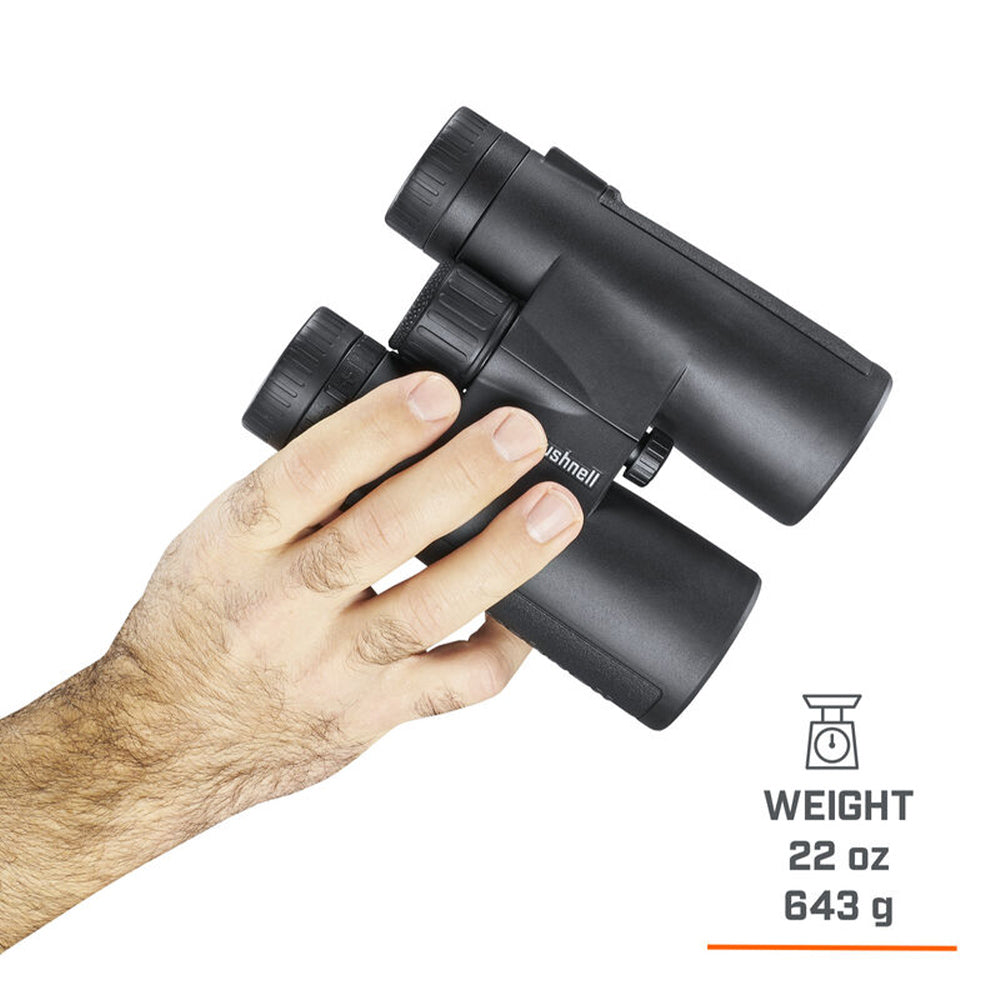 Bushnell 10x42 black binoculars with multi-coated lenses, and centre focus wheel.