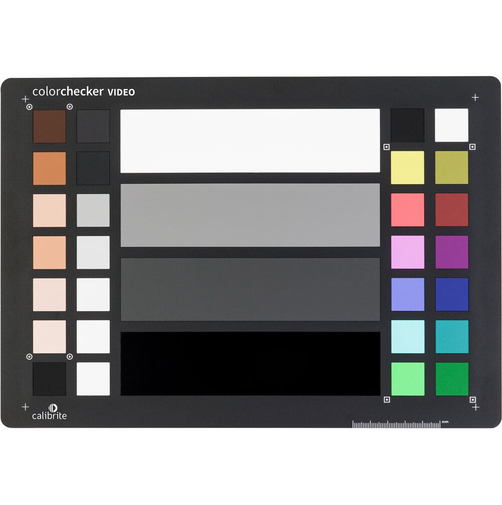 ColorChecker video calibration chart with color swatches on a white background
