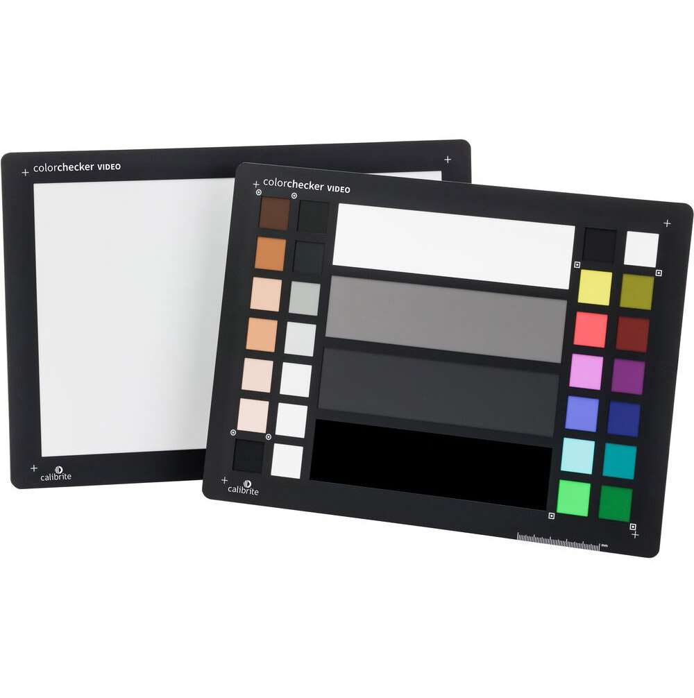 Color checker video chart with white, gray, and color swatch sections on a white background