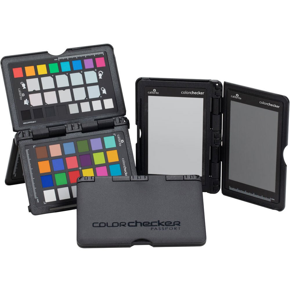 ColorChecker passport with color swatch chart and gray card on a white background