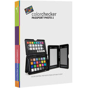 ColorChecker passport with color swatch chart and gray card on a white background