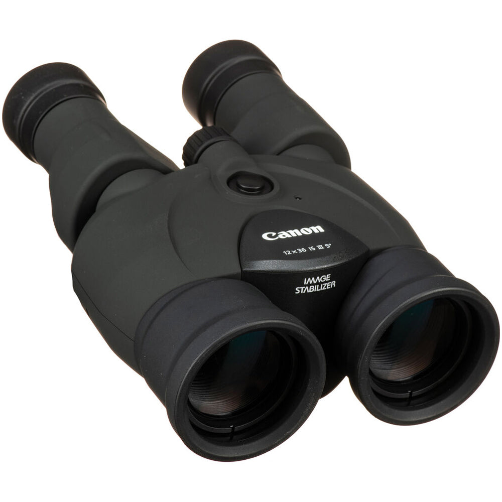 Canon 12x36 IS III binoculars with rubber grip and large lenses for steady outdoor viewing.
