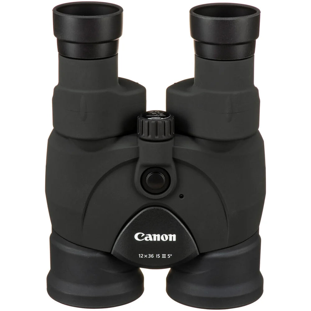 Canon 12x36 IS III binoculars with rubber grip and large lenses for steady outdoor viewing.