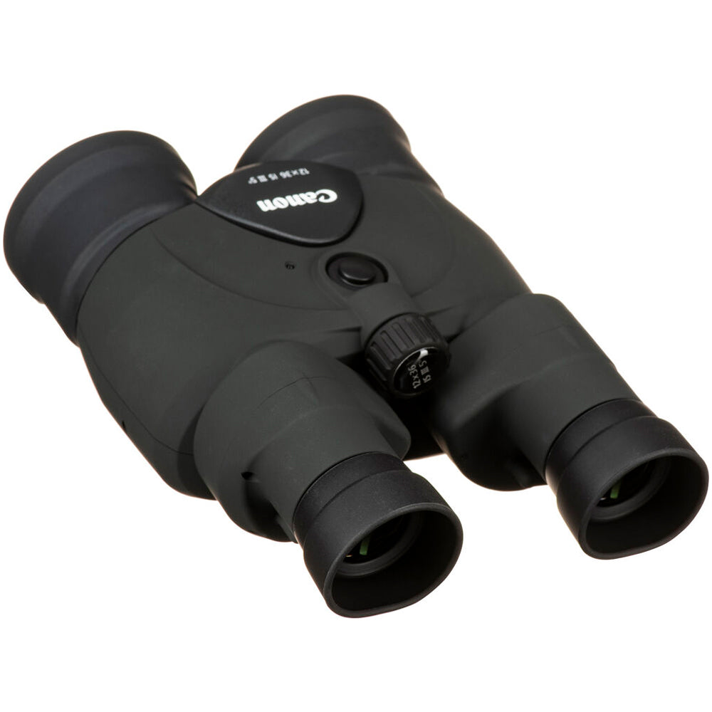 Canon 12x36 IS III binoculars with rubber grip and large lenses for steady outdoor viewing.