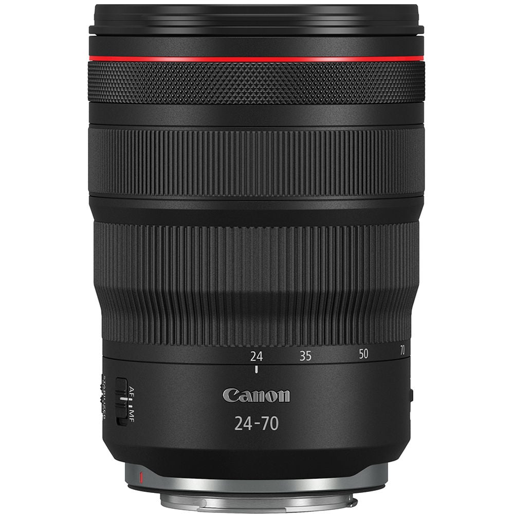 Canon camera lens with focus scale on a white background