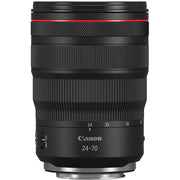 Canon camera lens with focus scale on a white background