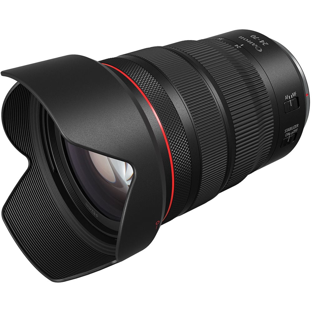 Camera lens with a black and red design on a white background