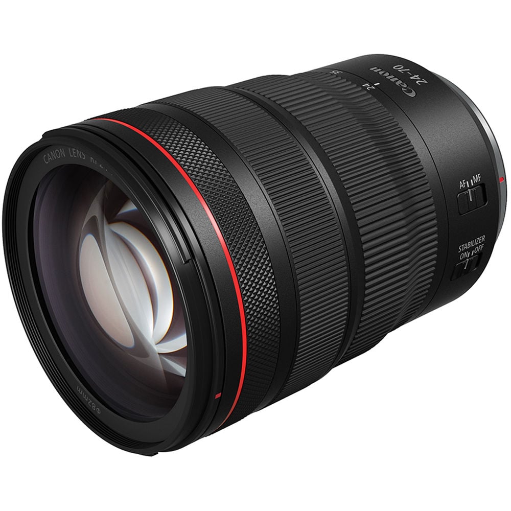 Camera lens with black and red design on a white background