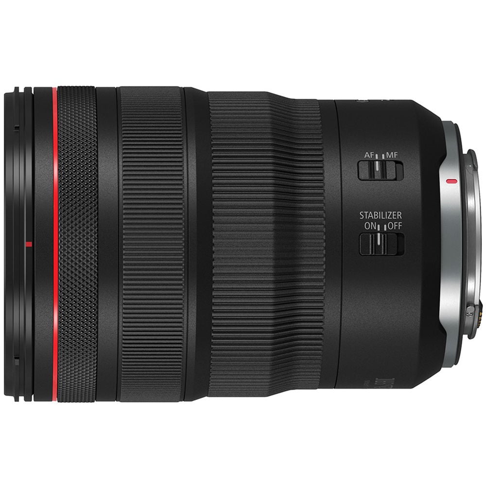 Camera lens with black and red design on a white background