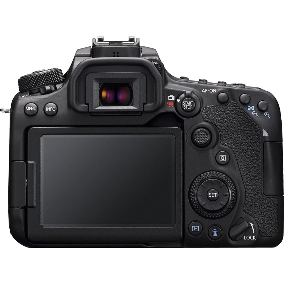 Back view of a black camera with control buttons on a white background