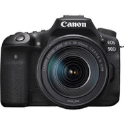 Canon EOS 90D camera with lens on a white background