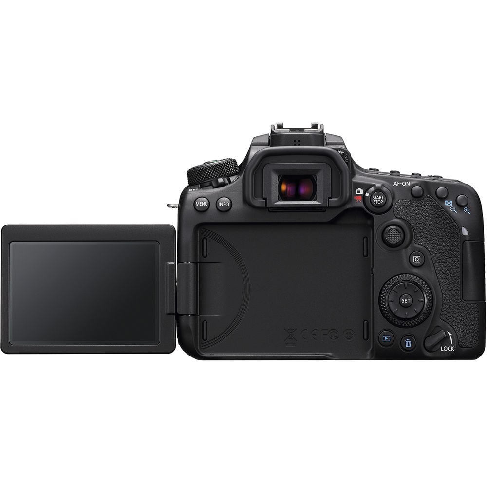 Black camera body with flip-out screen on a white background