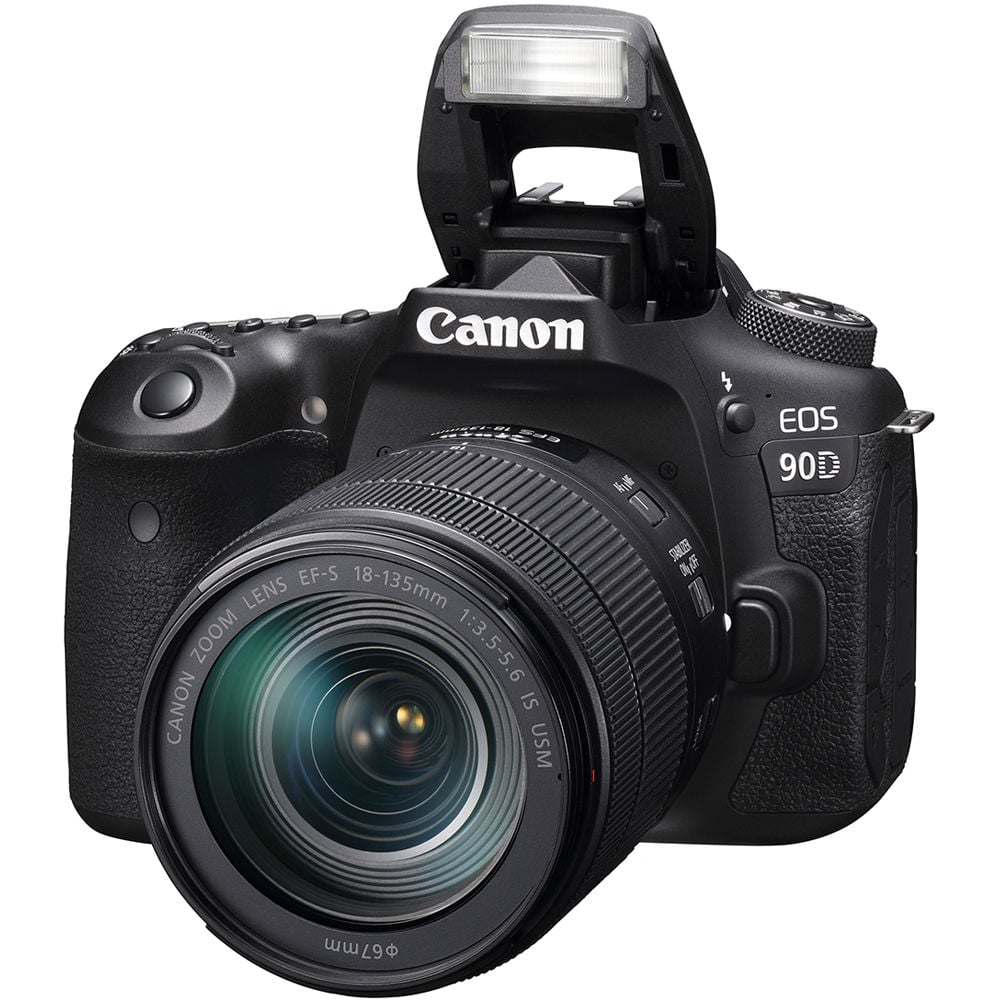 Canon EOS 90D camera with lens on a white background