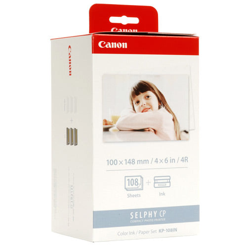 Canon KP-108IN Colour Ink/Paper Set for SELPHY printers with 108 sheets and ink cassette for vivid photo prints.