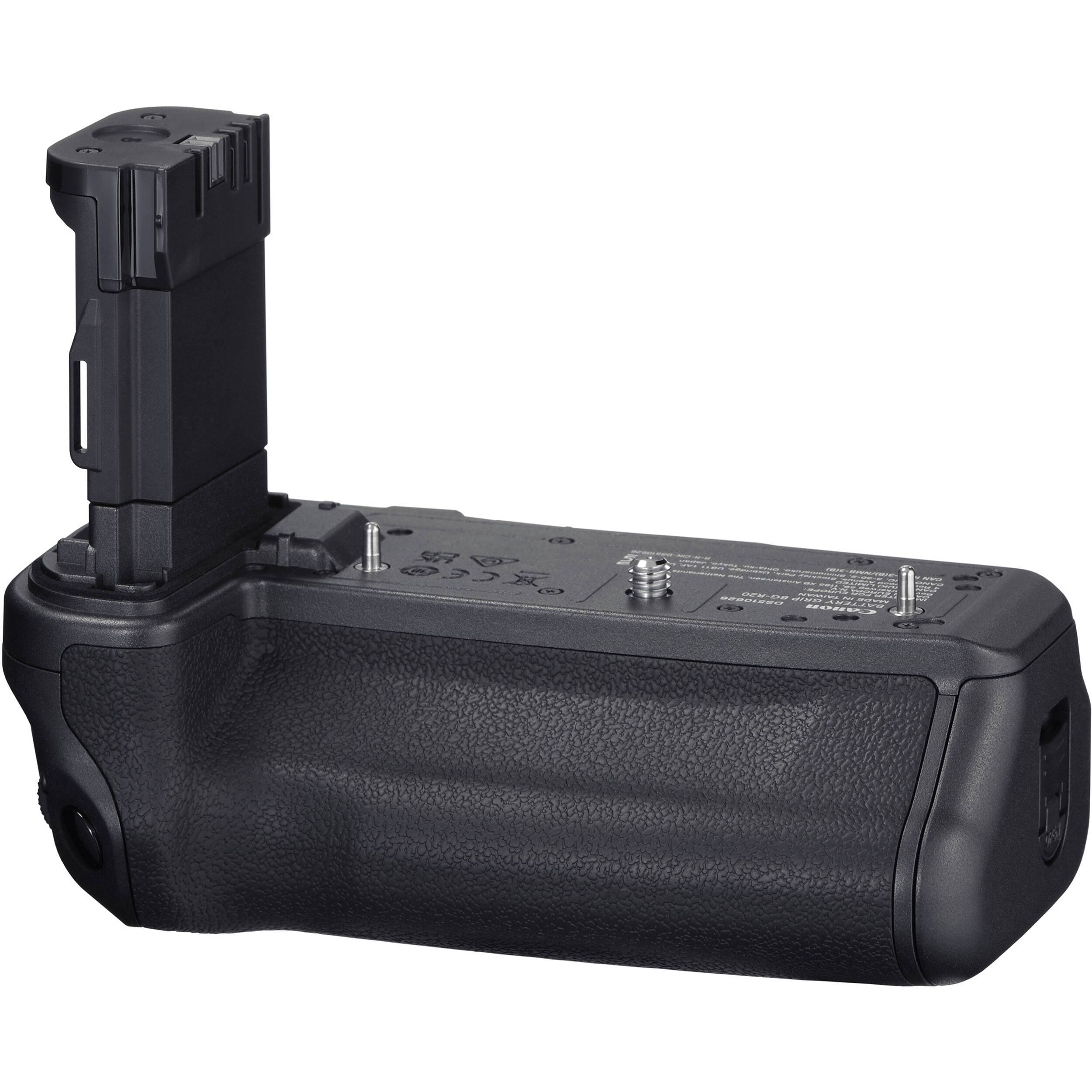 Black camera battery grip on a white background