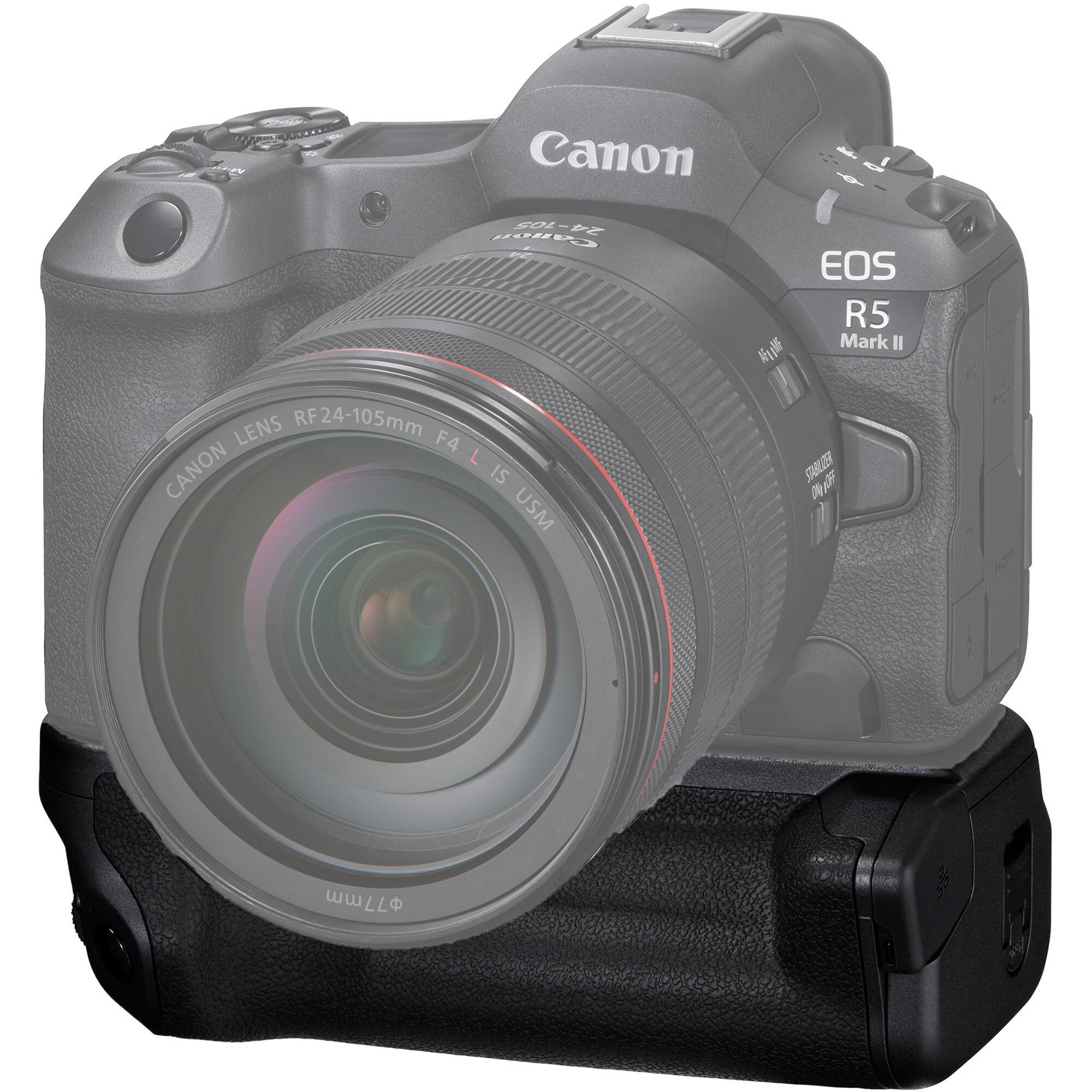 Canon BG-R20EP Battery Grip for EOS R5 II/R5/R6 II/R6, holds up to two LP-E6 series batteries for extended shooting, features 2.5G Base-T Ethernet port for high-speed data transfer, improved ergonomics for vertical shooting, dust and drip-resistant design, and supports in-camera USB recharging.