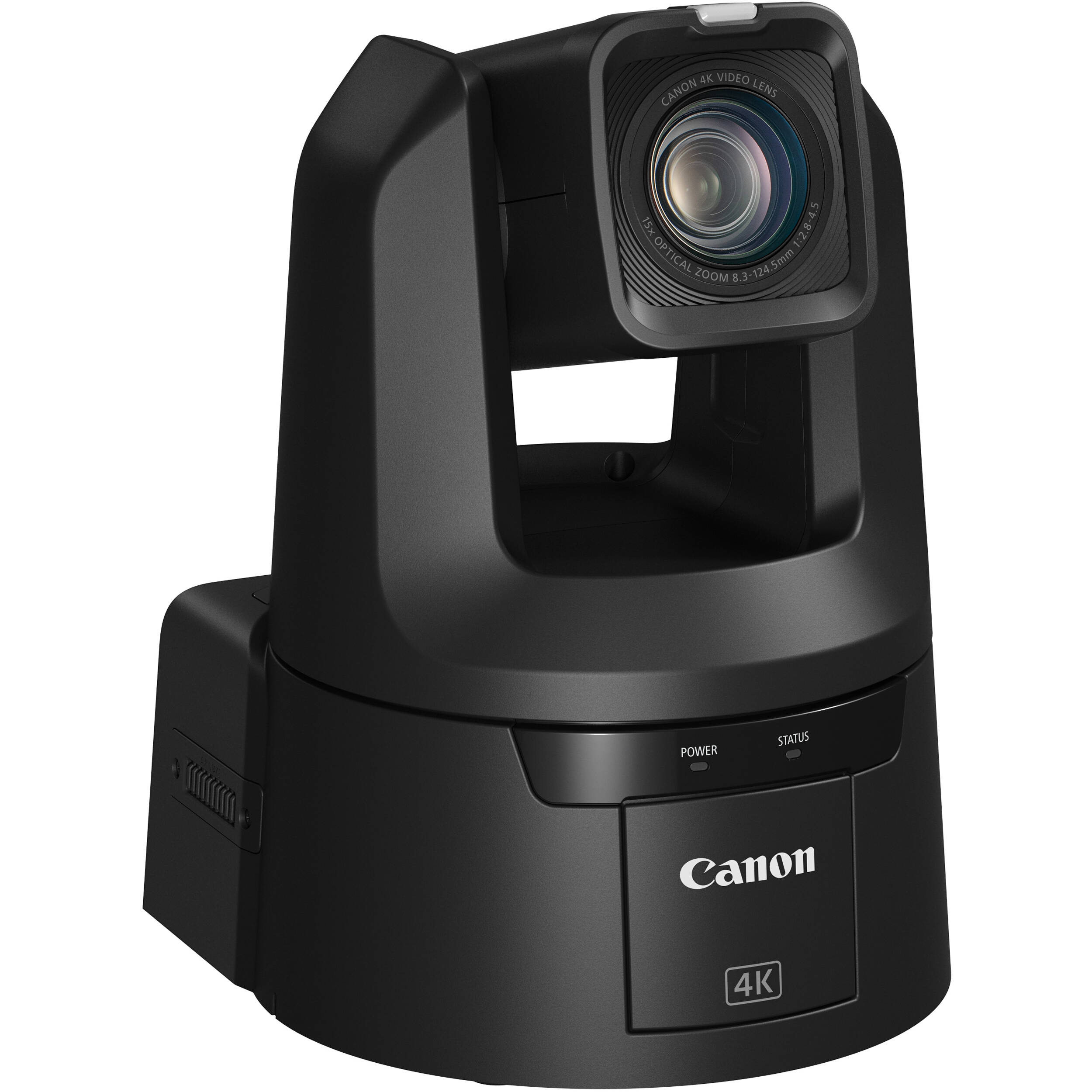Canon CR-N500 Professional 4K NDI PTZ Camera features a 1" CMOS sensor, 15x optical zoom with image stabilization, Dual Pixel AF, UHD 4K30 and Full HD 1080p60 video, built-in ND filters, multiple video outputs including HDMI and IP, and supports RTMP streaming and remote controls.