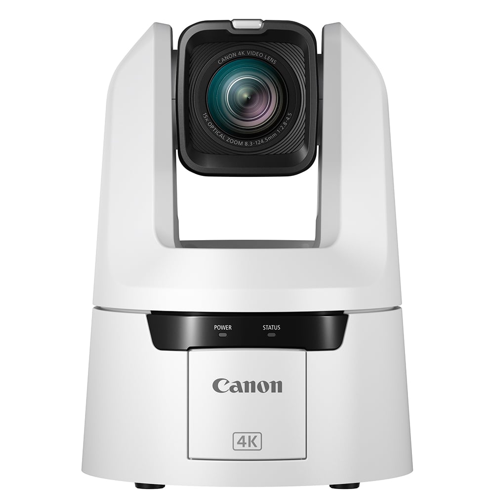 Canon CR-N700 4K PTZ Camera (Titanium White): 1" CMOS sensor, 15x optical zoom, 30x digital zoom, UHD 4K60 video, Dual-Pixel AF, HDR, built-in ND filters, smooth pan/tilt, supports NDI and RTMP streaming.