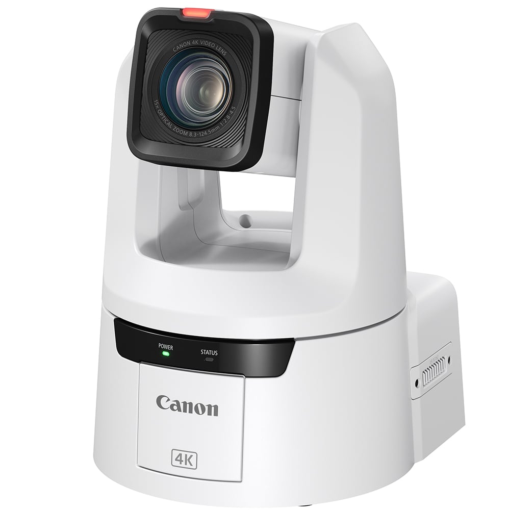 Canon CR-N700 4K PTZ Camera (Titanium White): 1" CMOS sensor, 15x optical zoom, 30x digital zoom, UHD 4K60 video, Dual-Pixel AF, HDR, built-in ND filters, smooth pan/tilt, supports NDI and RTMP streaming.