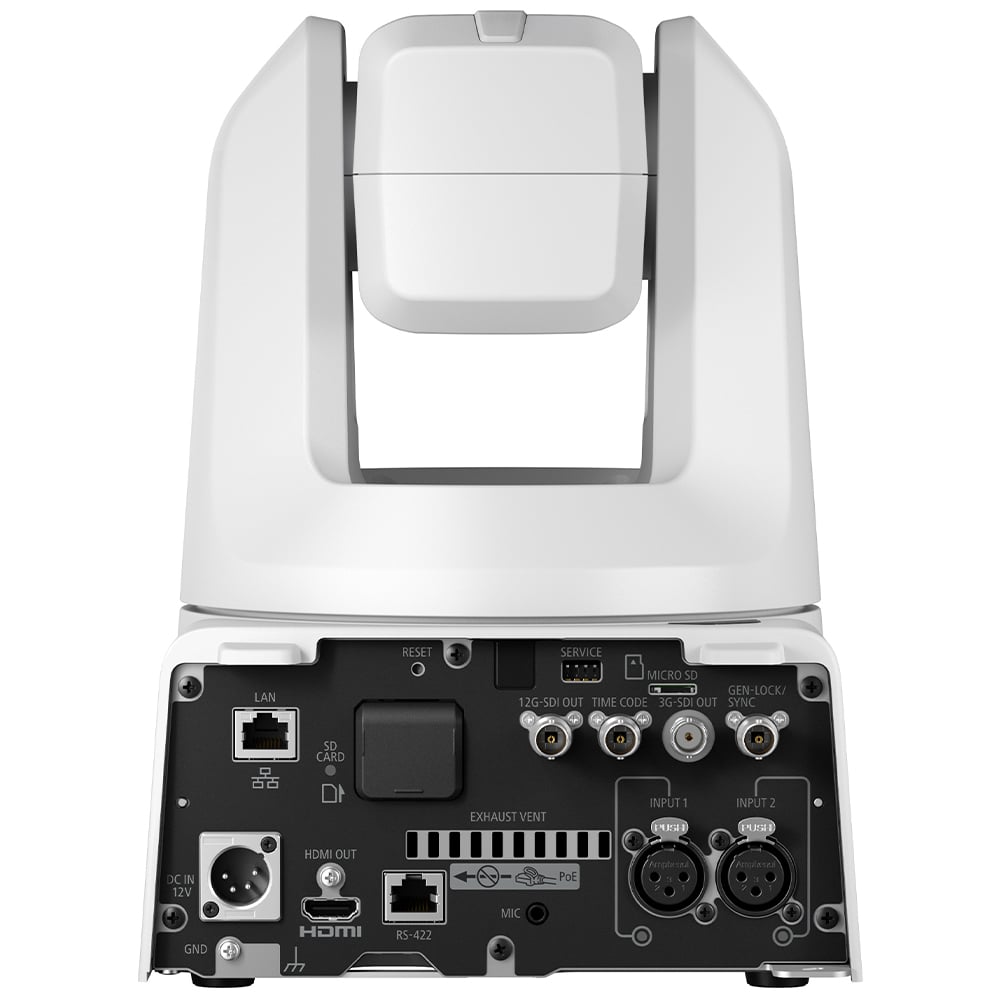Canon CR-N700 4K PTZ Camera (Titanium White): 1" CMOS sensor, 15x optical zoom, 30x digital zoom, UHD 4K60 video, Dual-Pixel AF, HDR, built-in ND filters, smooth pan/tilt, supports NDI and RTMP streaming.