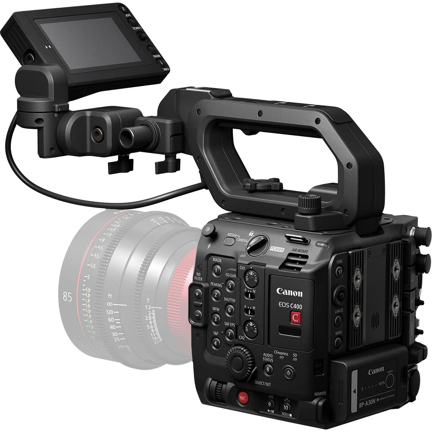 Canon EOS C400 Cinema Camera: 6K full-frame BSI sensor, triple base ISO, 16 stops dynamic range, RF mount, Dual Pixel CMOS AF II, 4K 120p video, cinema RAW Light recording, advanced autofocus and tracking.