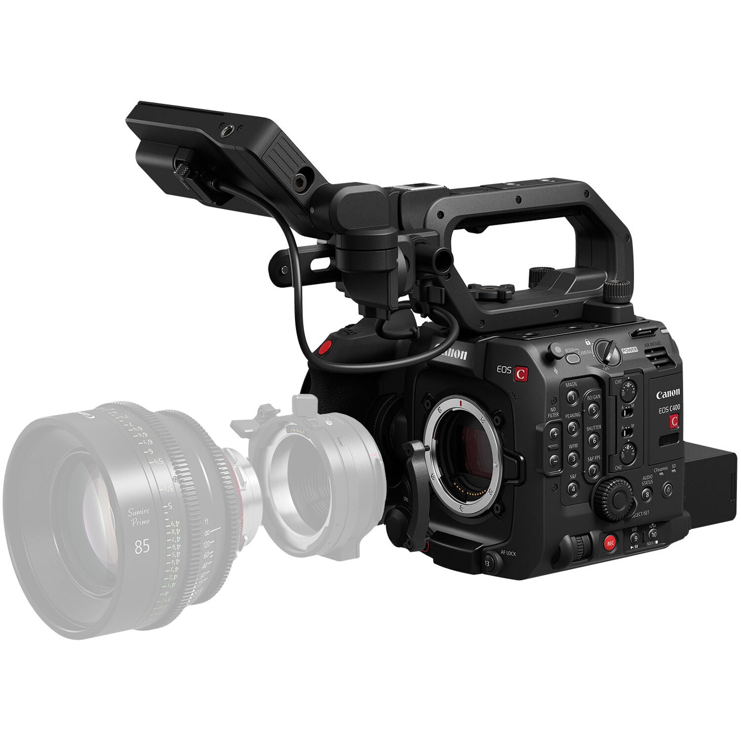 Canon EOS C400 Cinema Camera: 6K full-frame BSI sensor, triple base ISO, 16 stops dynamic range, RF mount, Dual Pixel CMOS AF II, 4K 120p video, cinema RAW Light recording, advanced autofocus and tracking.