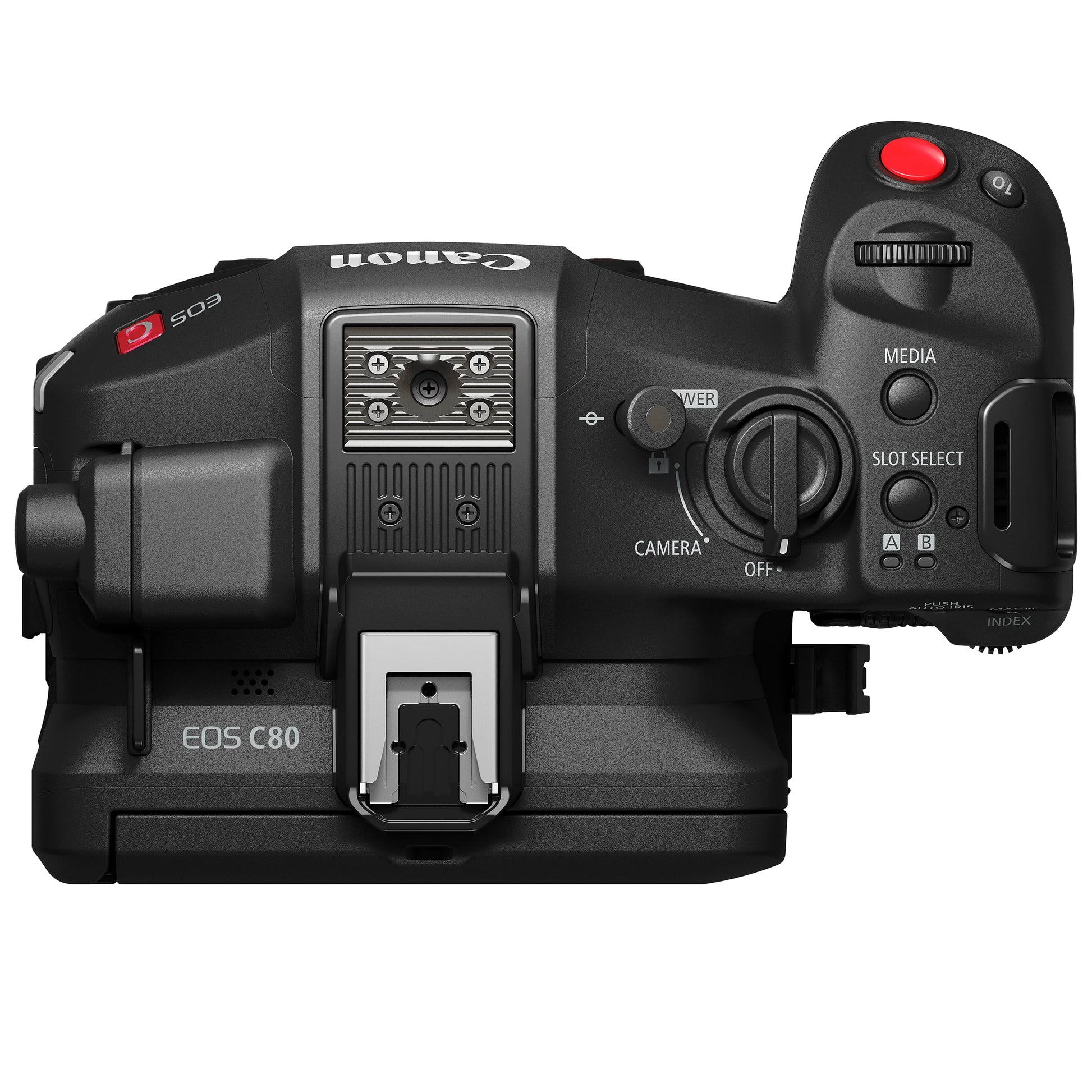Canon EOS C80 Cinema Camera: 6K full-frame stacked BSI sensor, 16 stops dynamic range, triple base ISO, Dual Pixel CMOS AF II with face and animal tracking, 12-bit Cinema RAW Light recording, RF mount, HDR, Wi-Fi, and Ethernet connectivity.