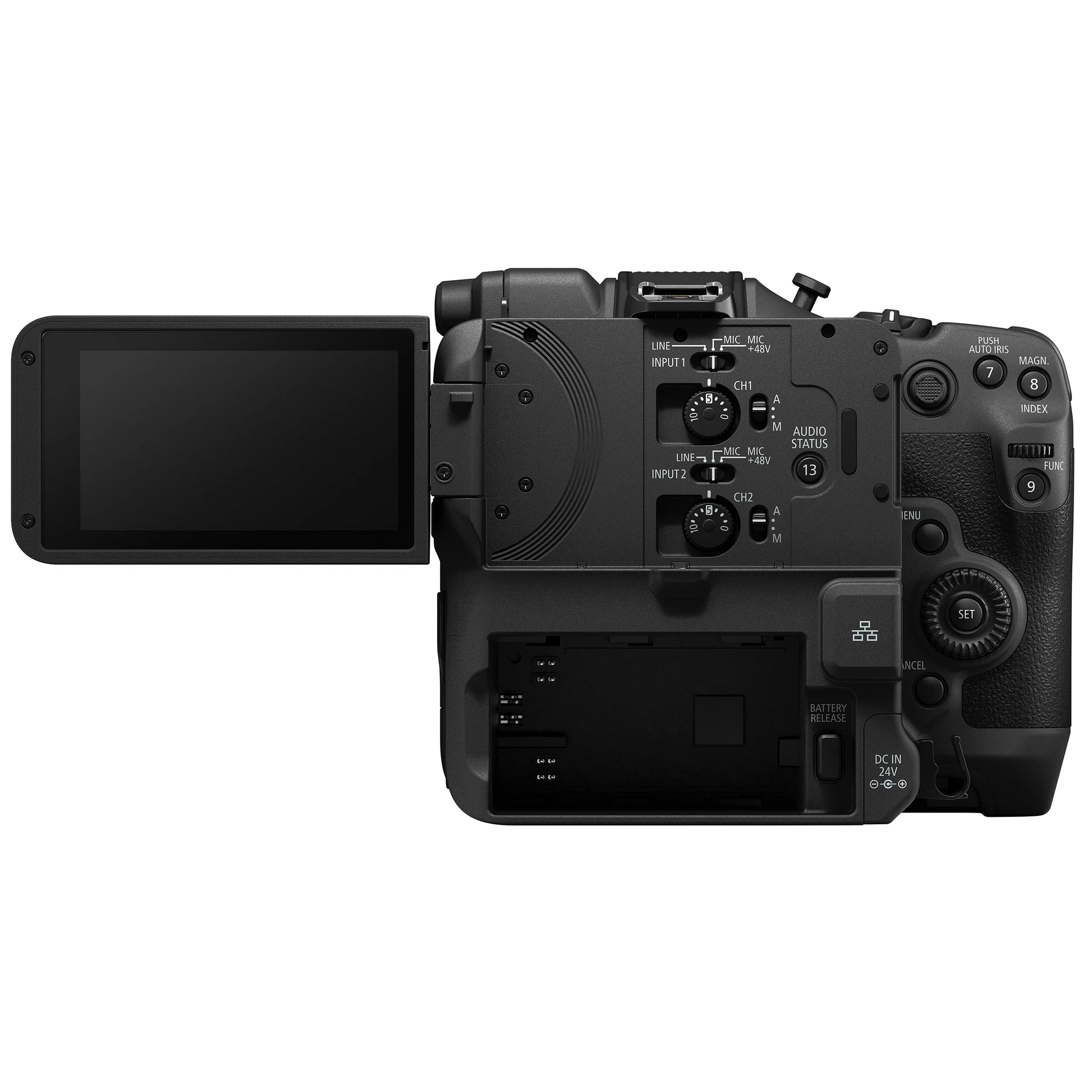 Canon EOS C80 Cinema Camera: 6K full-frame stacked BSI sensor, 16 stops dynamic range, triple base ISO, Dual Pixel CMOS AF II with face and animal tracking, 12-bit Cinema RAW Light recording, RF mount, HDR, Wi-Fi, and Ethernet connectivity.