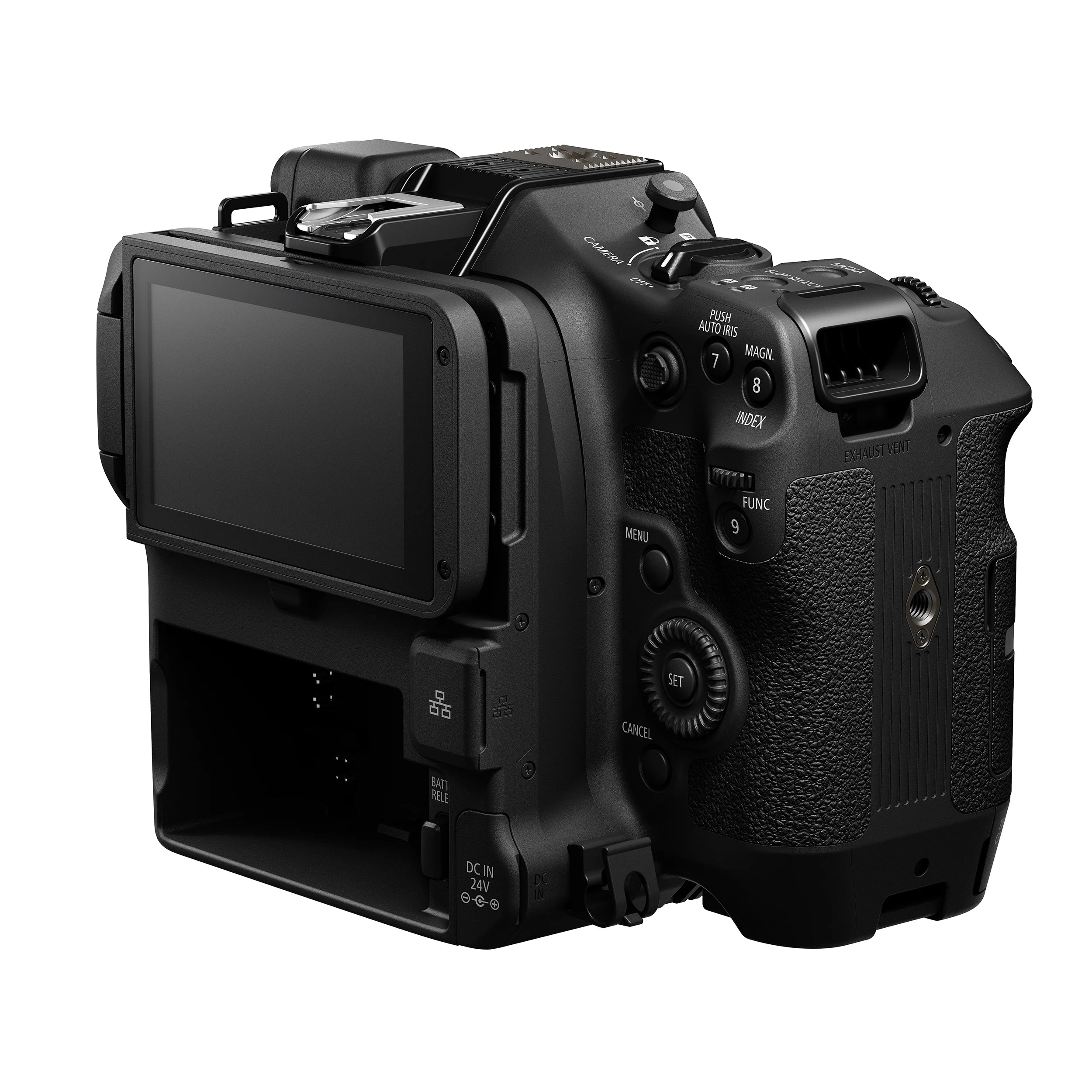 Canon EOS C80 Cinema Camera: 6K full-frame stacked BSI sensor, 16 stops dynamic range, triple base ISO, Dual Pixel CMOS AF II with face and animal tracking, 12-bit Cinema RAW Light recording, RF mount, HDR, Wi-Fi, and Ethernet connectivity.