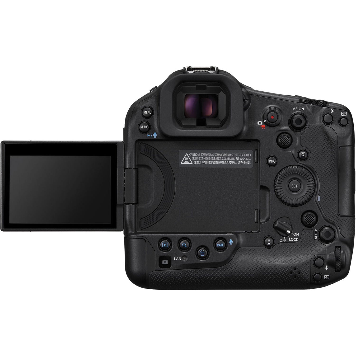 Canon EOS R1 Mirrorless Camera: 24.2MP full-frame stacked sensor, DIGIC X + Accelerator processors, 40fps shooting, 6K RAW video at 60p, advanced deep-learning AF with eye control, 8.5-stop IBIS, Wi-Fi 6E, and 2.5G Ethernet.