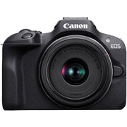 Canon EOS R100 Mirrorless Camera Travel Kit: 24.1MP APS-C sensor, DIGIC 8 processor, 4K 24p crop video, Dual Pixel AF, 6.5fps shooting, OLED EVF, Wi-Fi, Bluetooth, RF-S 18-45mm lens included.