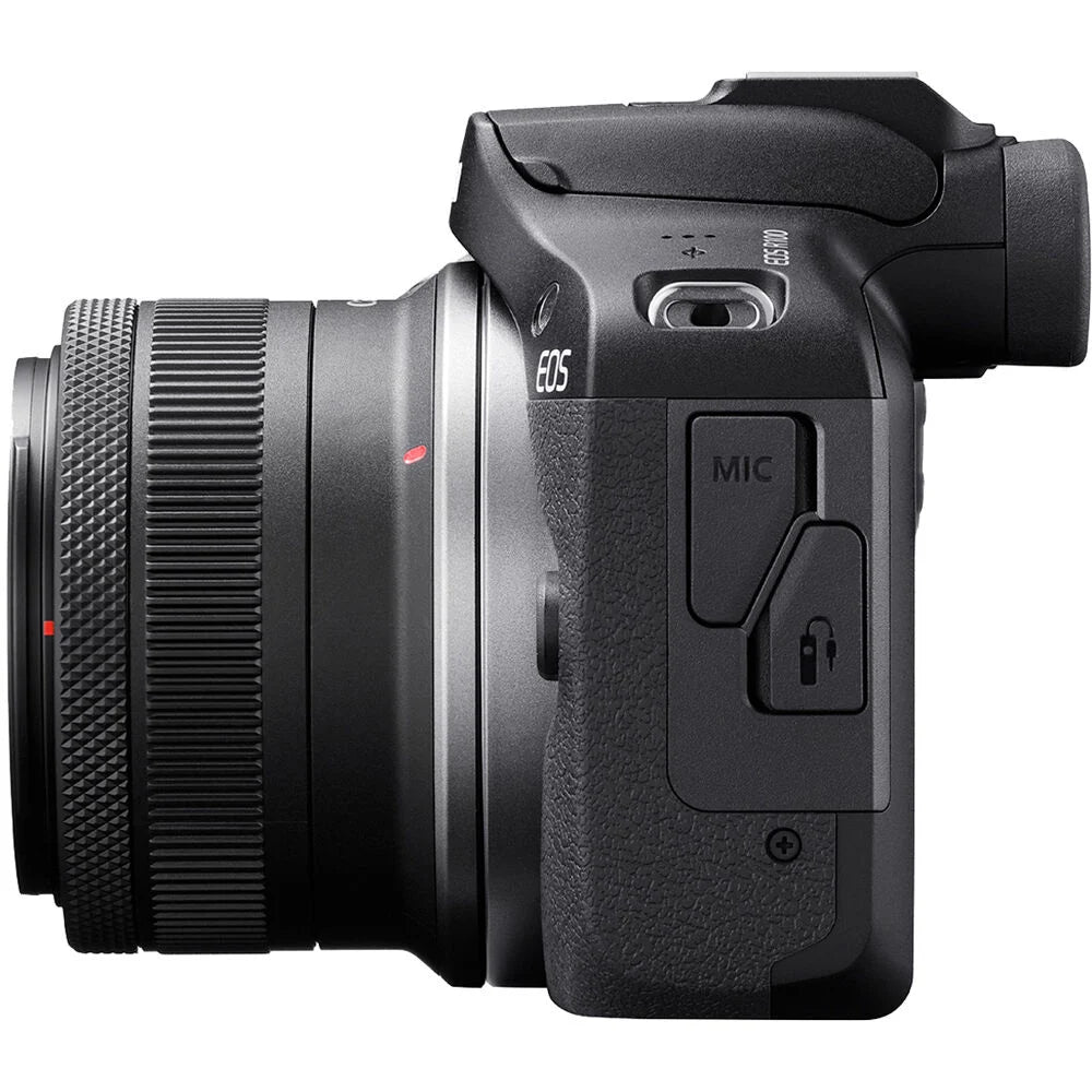 Canon EOS R100 Mirrorless Camera Travel Kit: 24.1MP APS-C sensor, DIGIC 8 processor, 4K 24p crop video, Dual Pixel AF, 6.5fps shooting, OLED EVF, Wi-Fi, Bluetooth, RF-S 18-45mm lens included.